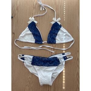 B5 New Women AMI Sexy 2Pc Lacey White Blue String Bikini Ruched Cheeky Med/Lrg